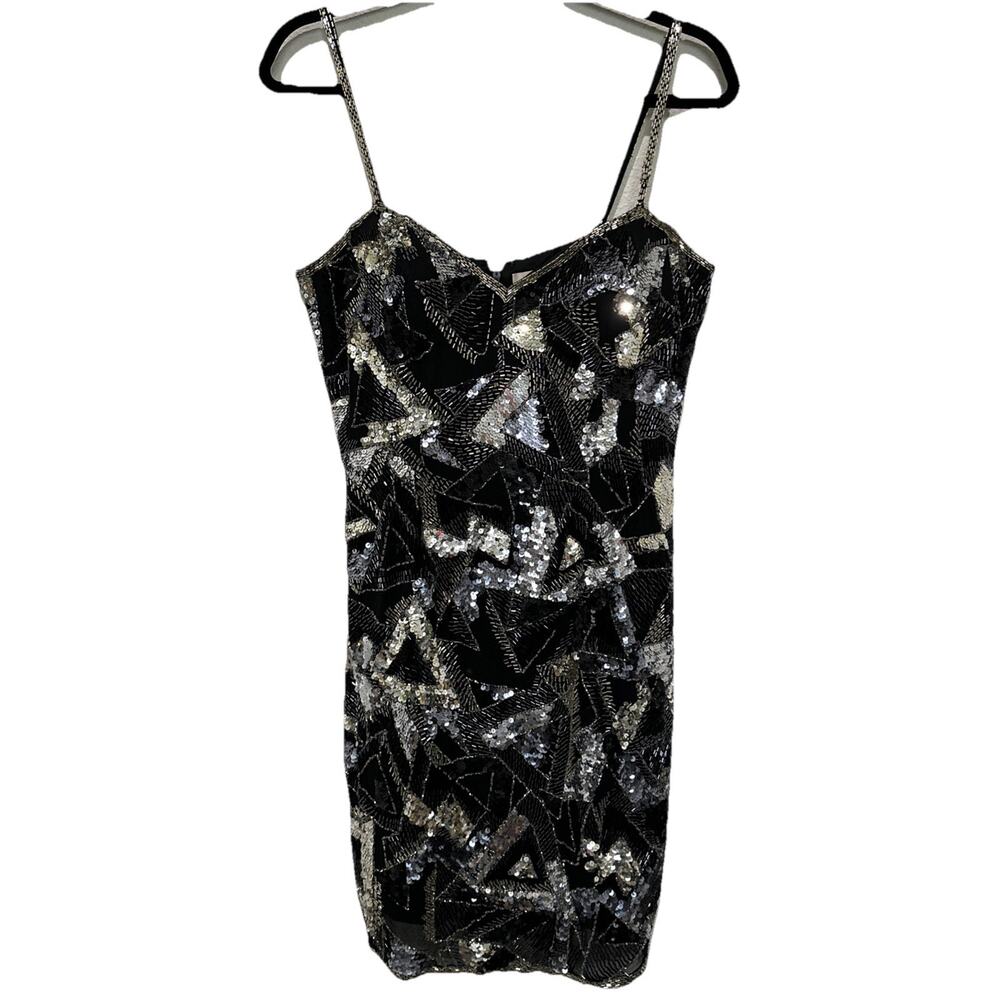 NITE LINE Black Silk Sequin Mini Cocktail Dress Size 12 Y2K 80s Spaghetti Strap